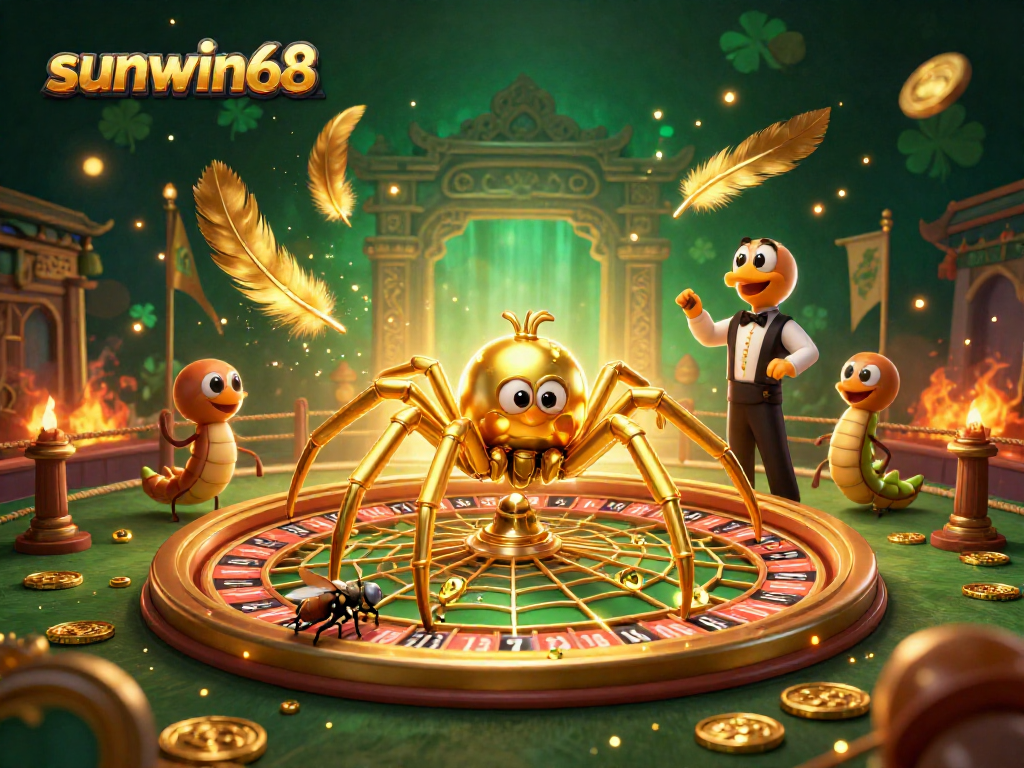 Bet big with sunwin68 in a vibrant casino scene featuring a roulette wheel and lavish tokens.
