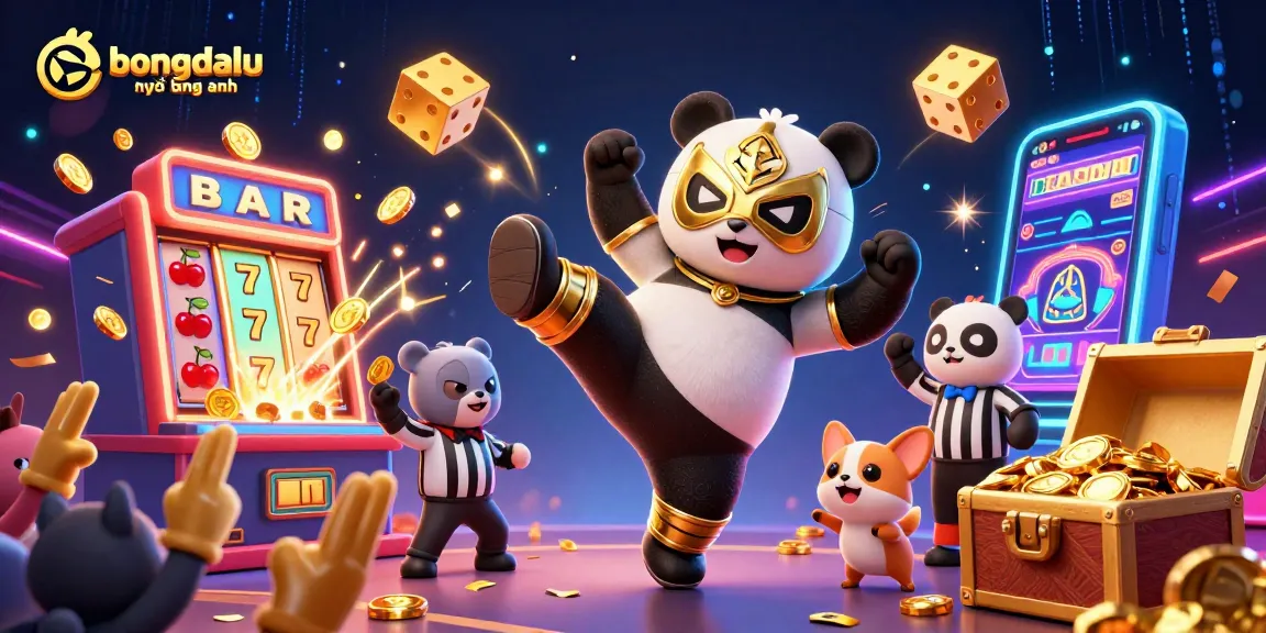 Bongdalu ngoại hạng anh showcases a vibrant casino scene with a panda wrestler and festive gameplay elements.