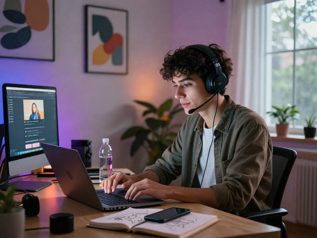 Engaged user in an nsfw ai chat, modern home office scene with tech gadgets and vibrant atmosphere.
