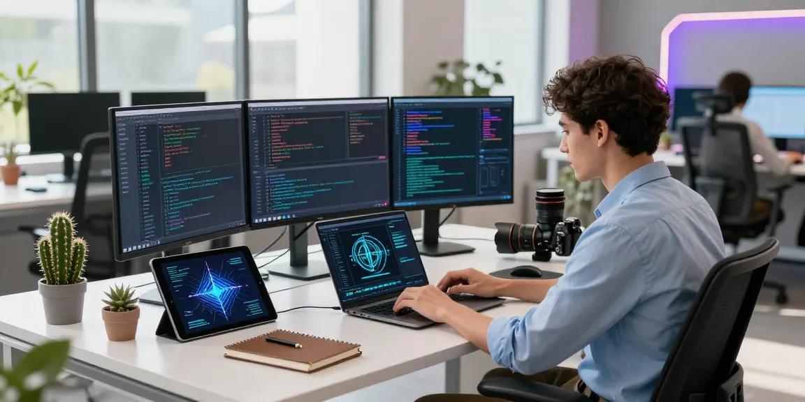 Engaged software engineer coding on multiple screens showcasing Juicy AI development in a bright, modern office.