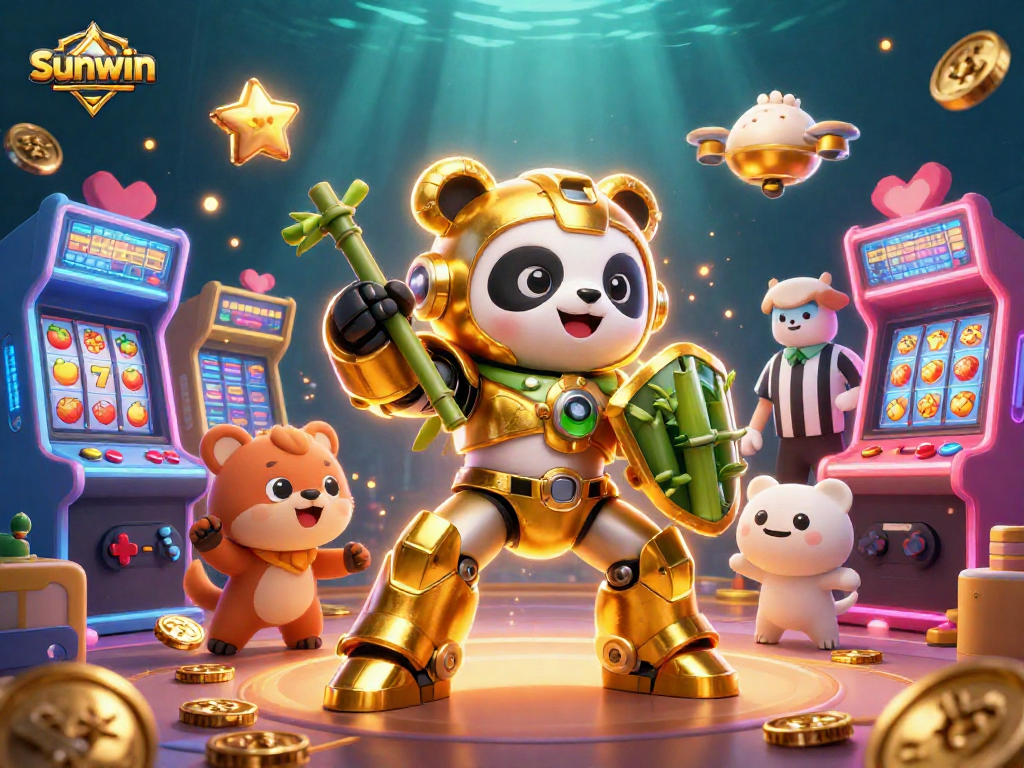 Win big at sunwin with our animated 3D panda battling in a vibrant casino arena.