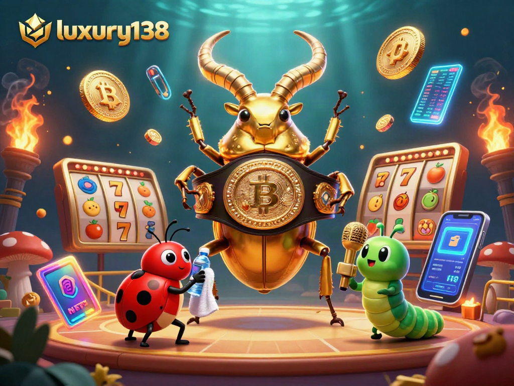 Experience the excitement of luxury138 with a vibrant 3D casino scene featuring unique characters and slot elements.