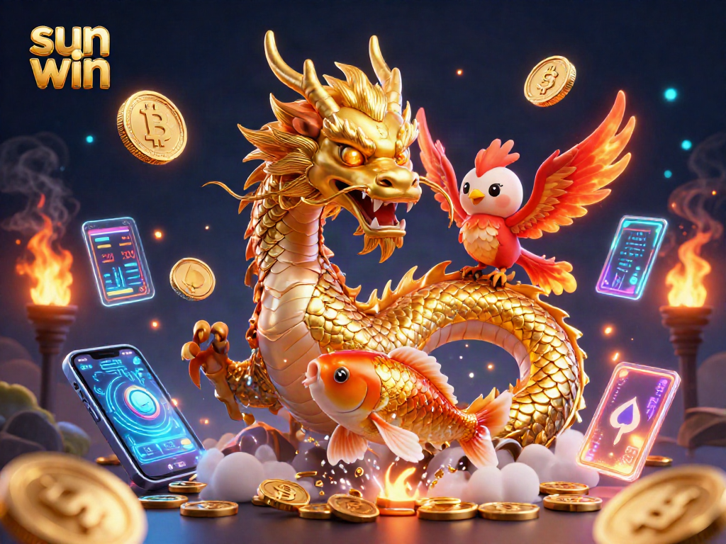 Experience the thrilling sun win adventure featuring a golden dragon, phoenix, and koi amidst coins and crypto elements.