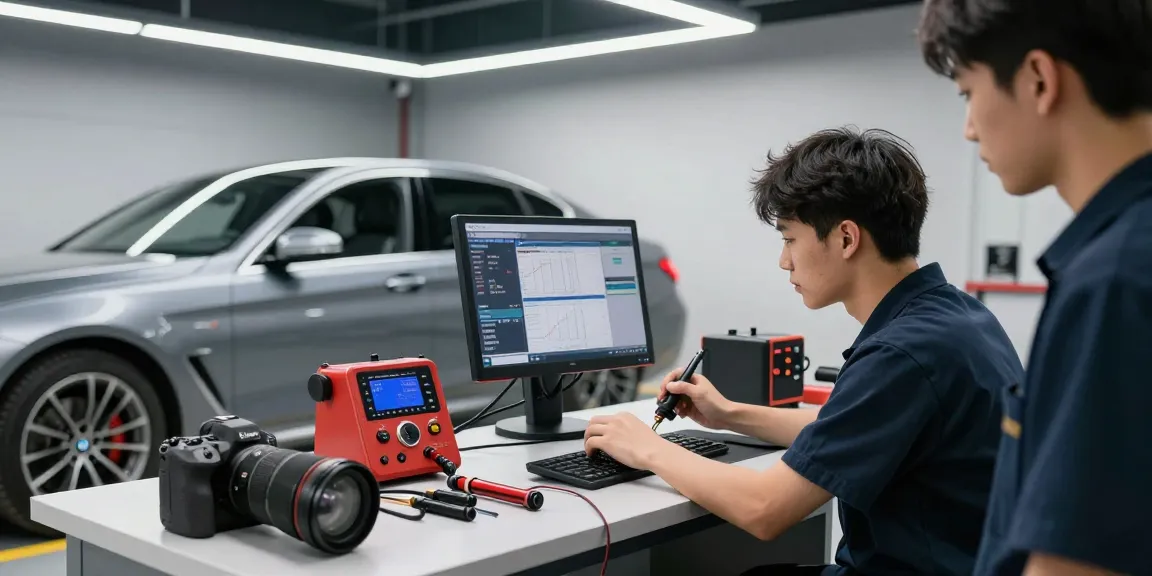 Chiptuning Hannover: Professioneller Mechaniker optimiert BMW mit modernster Ausrüstung in einer hellen Werkstatt.
