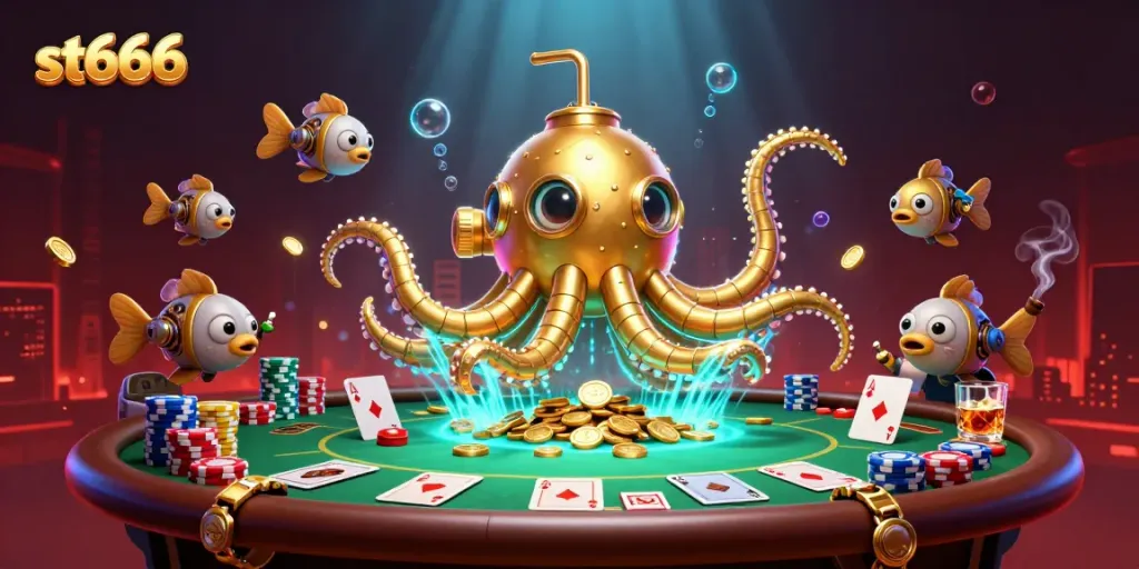 Experience thrilling st666 action with a golden kraken submarine amidst poker elements and shimmering coins.