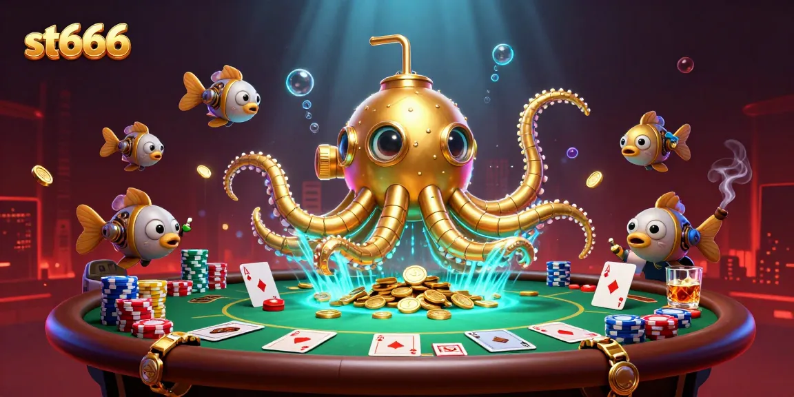 Experience thrilling st666 action with a golden kraken submarine amidst poker elements and shimmering coins.