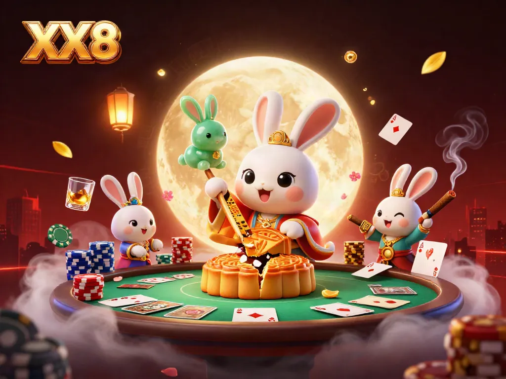 Join the thrilling casino adventure with XX8, featuring a whimsical moon rabbit surrounded by poker action.