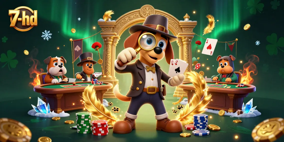 Engage with 7-hd's thrilling poker scene, featuring a detective bloodhound examining clues amidst gold coins and chips.
