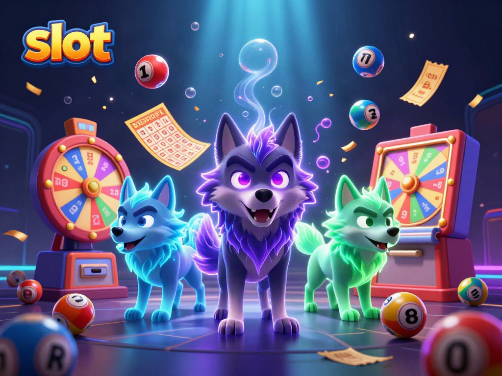 Experience thrilling slot games with a dynamic scene of spectral wolves and lottery elements.