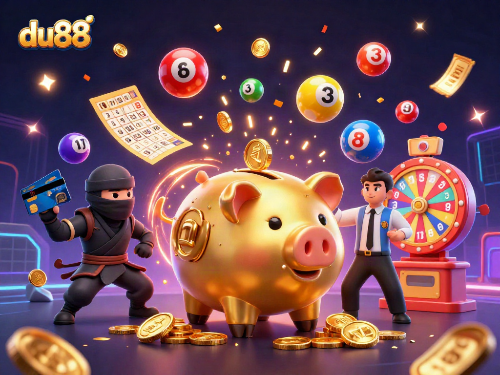 Experience the excitement of du88 with dynamic golden characters and vibrant casino elements celebrating wins.