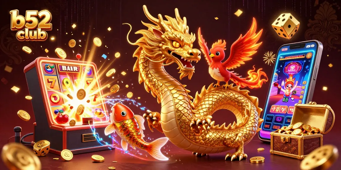 B52 club showcases a thrilling 3D casino scene with a dragon, phoenix, and koi fish amidst a jackpot explosion and colorful slot elements.