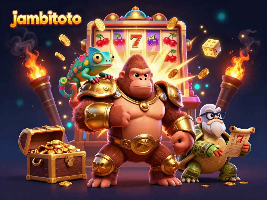 Engage with jambitoto as a powerful gorilla king and companions celebrate gaming victories.