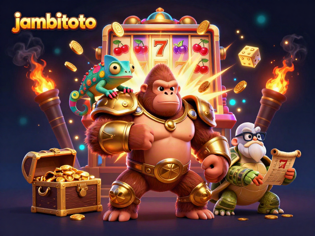 Engage with jambitoto as a powerful gorilla king and companions celebrate gaming victories.