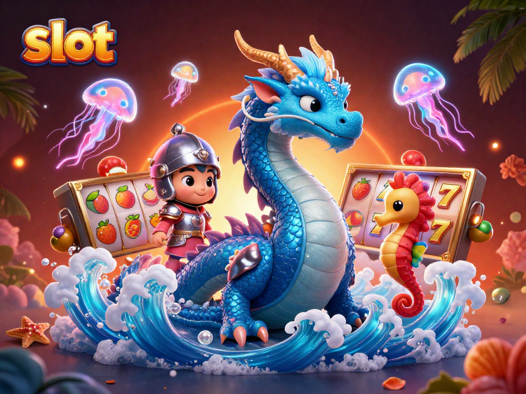 Spin the slot reels featuring vibrant fruit symbols with a majestic water dragon and seahorse knight.