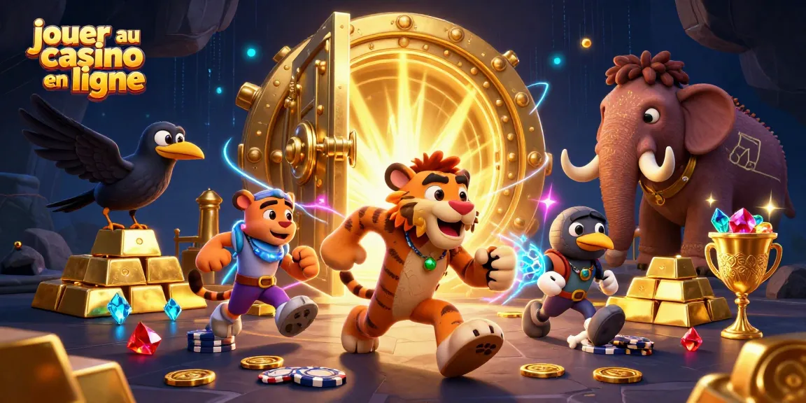 Jouer au casino en ligne avec des personnages colorés, jetons de poker en pierre, et une ambiance lumineuse dynamique.