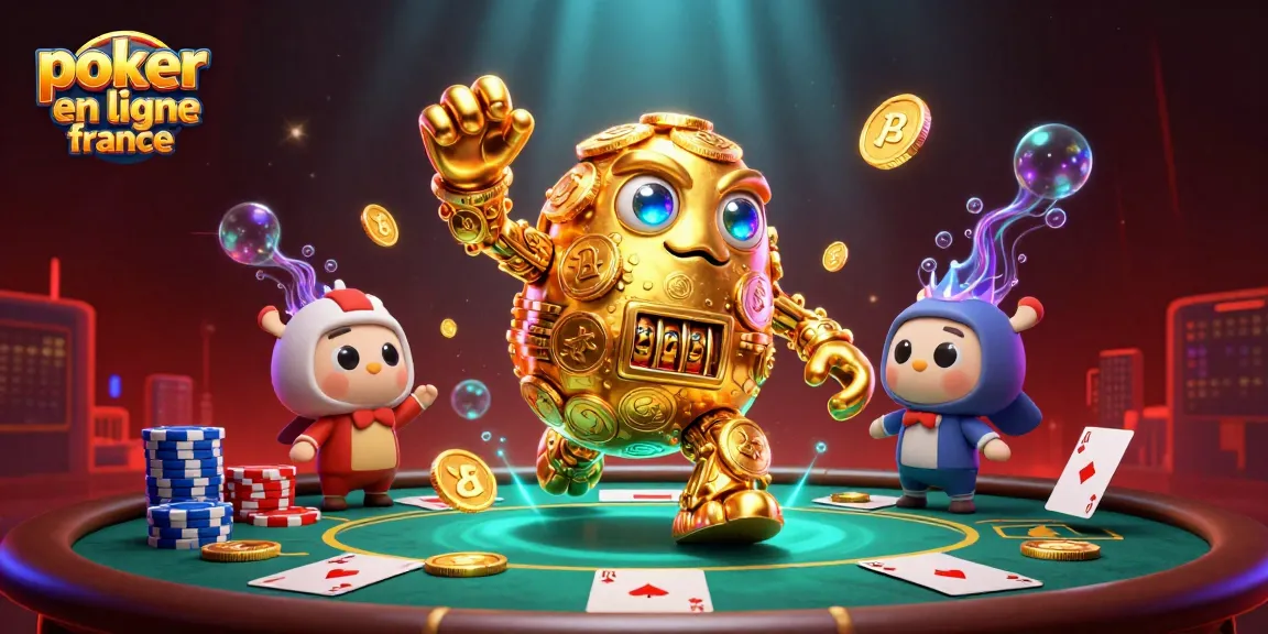 Jouez au poker en ligne France avec une illustration dynamique d'une table de poker et des pièces d'or flottantes.