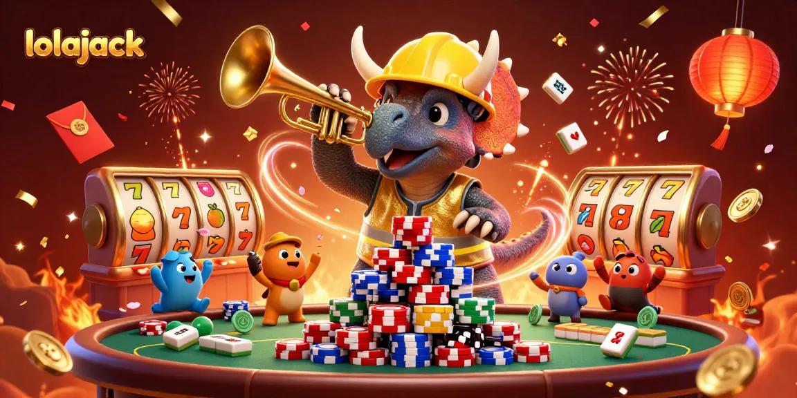 Celebrate wins at Lolajack Casino with a festive 3D gaming scene featuring colorful slots and cheerful characters.