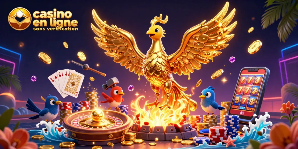 Découvrez le casino en ligne sans vérification avec un phoenix doré et des jets de pièces.