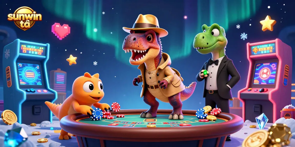Play and win with sunwin tải at the lively casino table with cartoon dinosaurs and arcade thrills.
