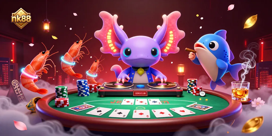 Engage with the lively nk88 scene featuring a DJ axolotl, dancing shrimp, and poker elements, radiating casino excitement.