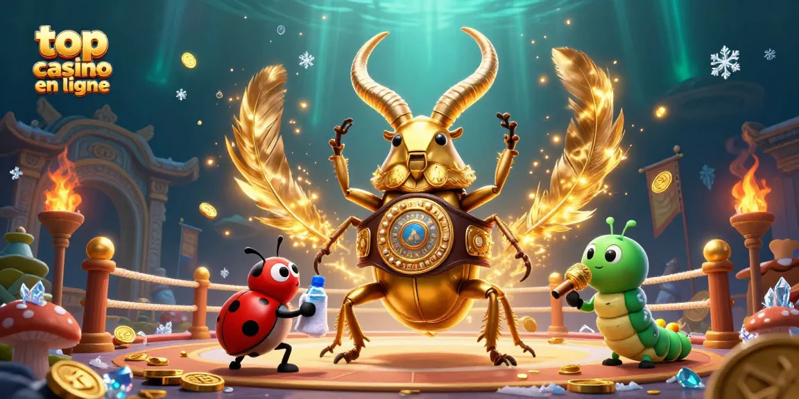 Illustration d'une scène animée avec un scarabée doré champion de boxe représentant le top casino en ligne.