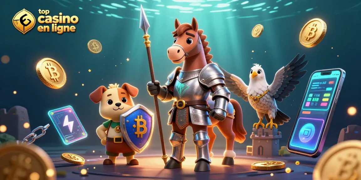 Illustration dynamique avec "top casino en ligne" où un chevalier et un chiot s'affrontent dans un monde de jeu.