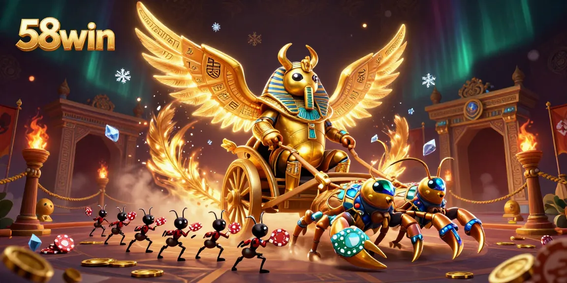 Join the thrilling game experience with 58win, where a colossal beetle leads scorpions and ant soldiers through dynamic casino excitement.