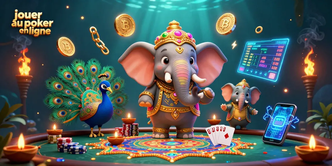 Jouer au poker en ligne avec une illustration dynamique présentant un éléphant et un paon entourés d'éléments de poker.