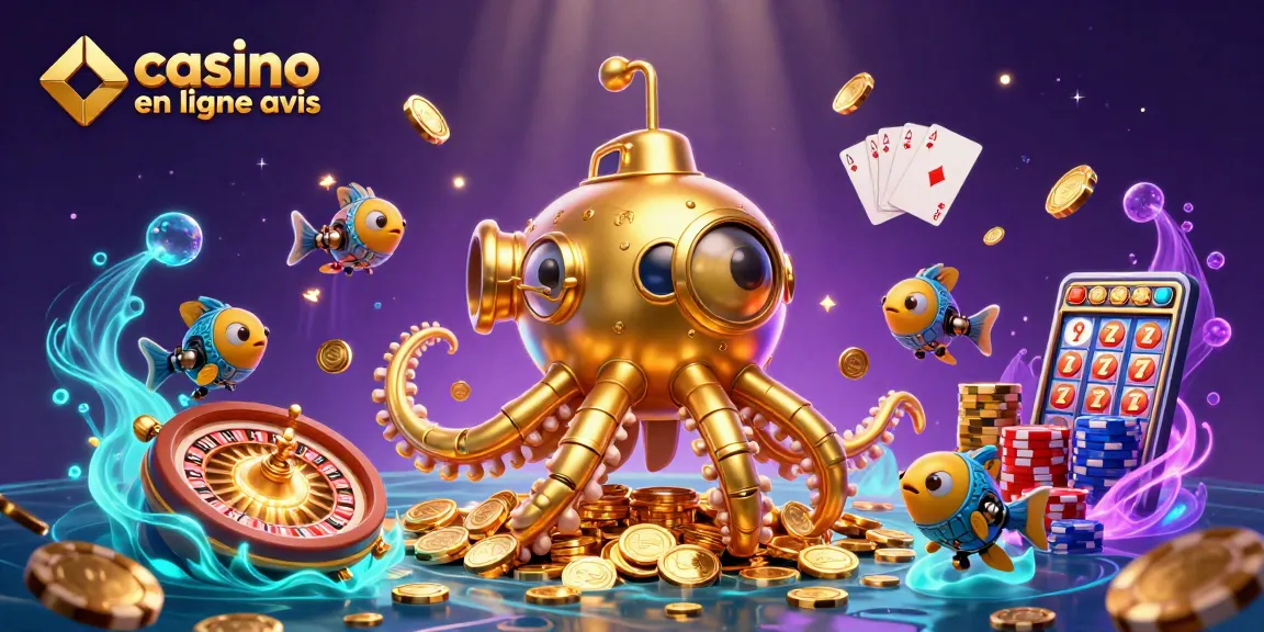 Expérimentez le frisson des jeux dans notre illustration de casino en ligne avis, avec des créatures marines entourées de pièces d'or.