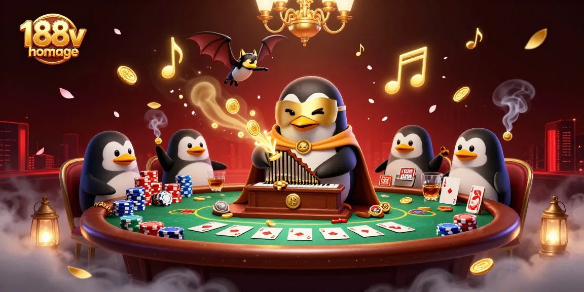 Experience winning moments on the 188v homepage with an exciting casino scene featuring a penguin playing a pipe organ.