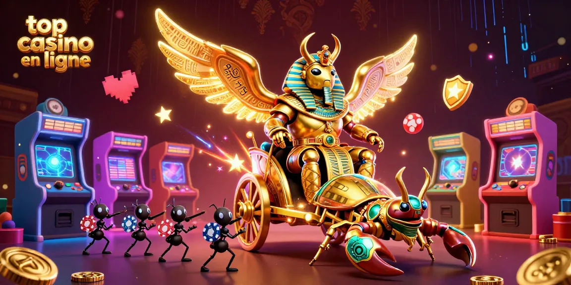 Découvrez le top casino en ligne avec une illustration dynamique illustrant des jeux et des personnages thématiques.