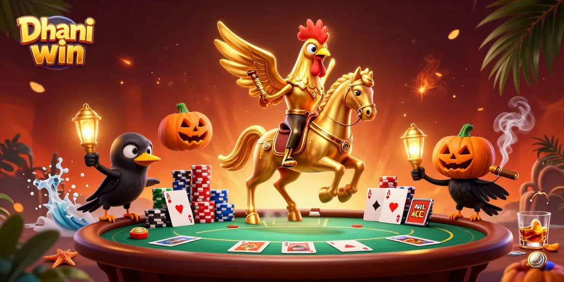 Dhani win features an exciting fantasy casino scene with a golden rooster and friends playing poker.
