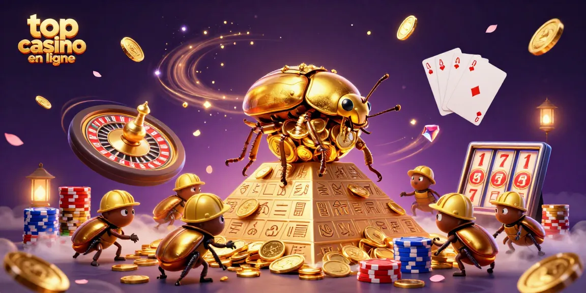 Visualisez les meilleurs jeux de casino en ligne avec le top casino en ligne, illustrés par un scarabée doré en 3D.