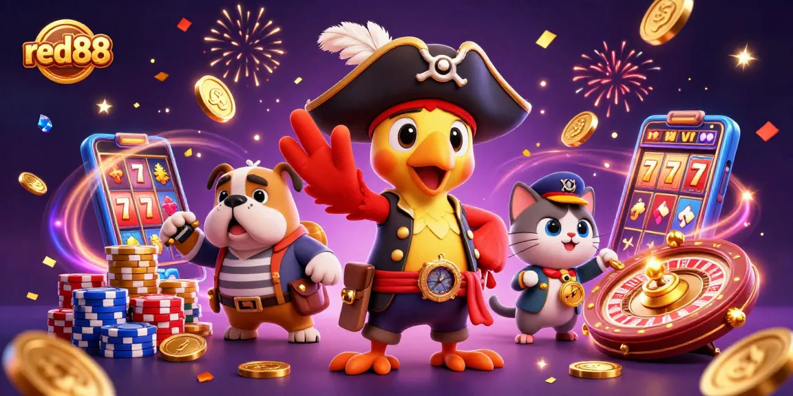 Engage with red88's thrilling gameplay featuring a lively pirate scene filled with coins, dice, and cards.