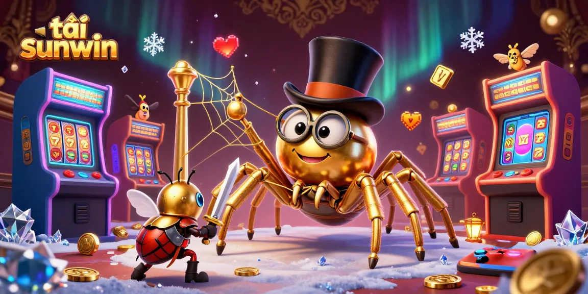 Join the excitement and tải sunwin with a giant golden tarantula and a knight in this vibrant casino-themed illustration.