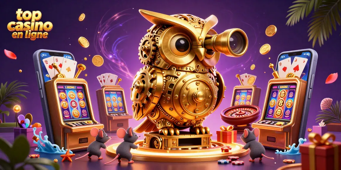 Scannez le meilleur casino en ligne avec l'hibou doré et des souris jouant entre les machines à sous.
