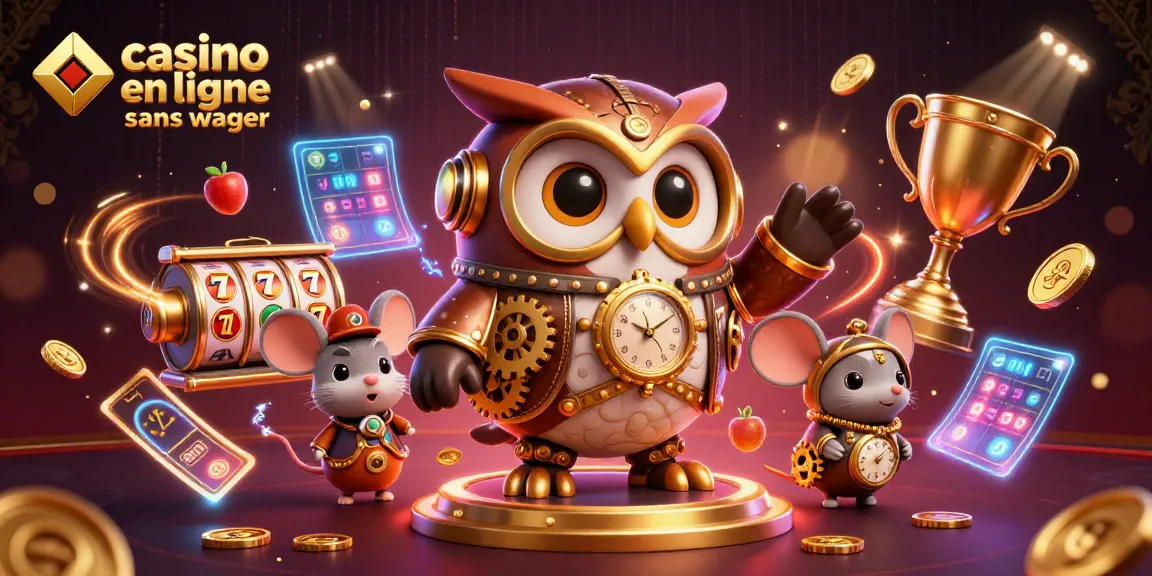 Venez découvrir le casino en ligne sans wager avec cette illustration captivante d'un hibou voyageur dans un cadre de casino vintage.