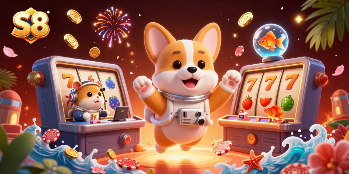 S8 presents an engaging 3D casino scene with a corgi astronaut surrounded by floating game elements and coins.