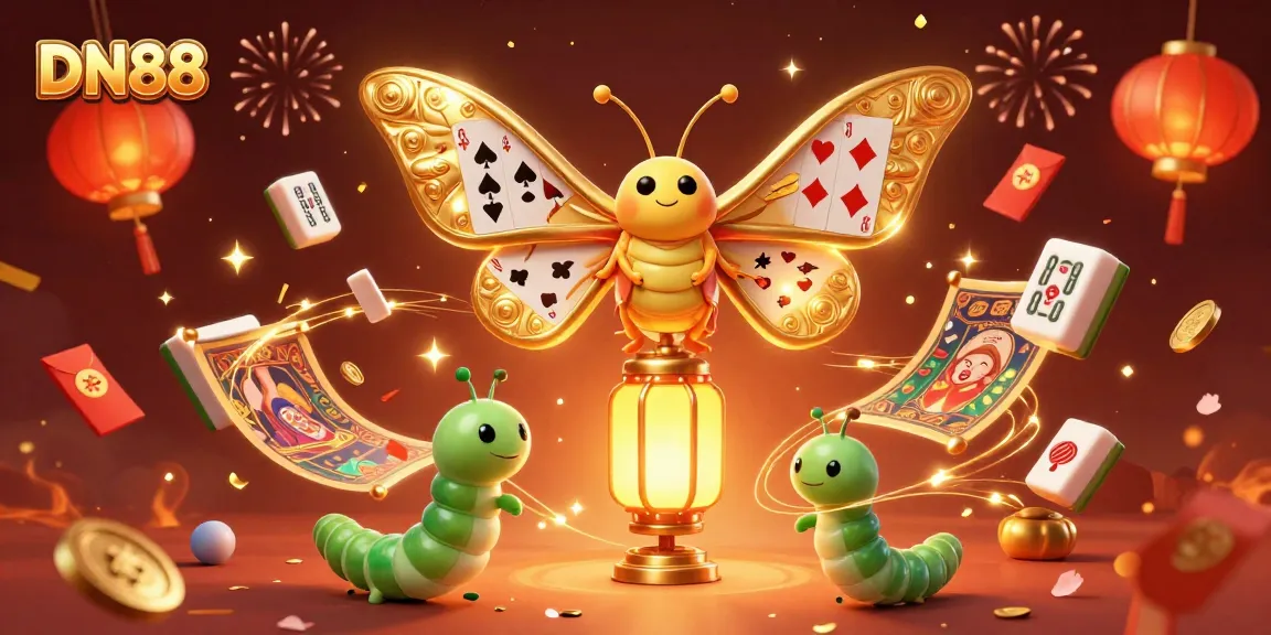 Experience DN88's vibrant casino world with its enchanting moth and festive elements.