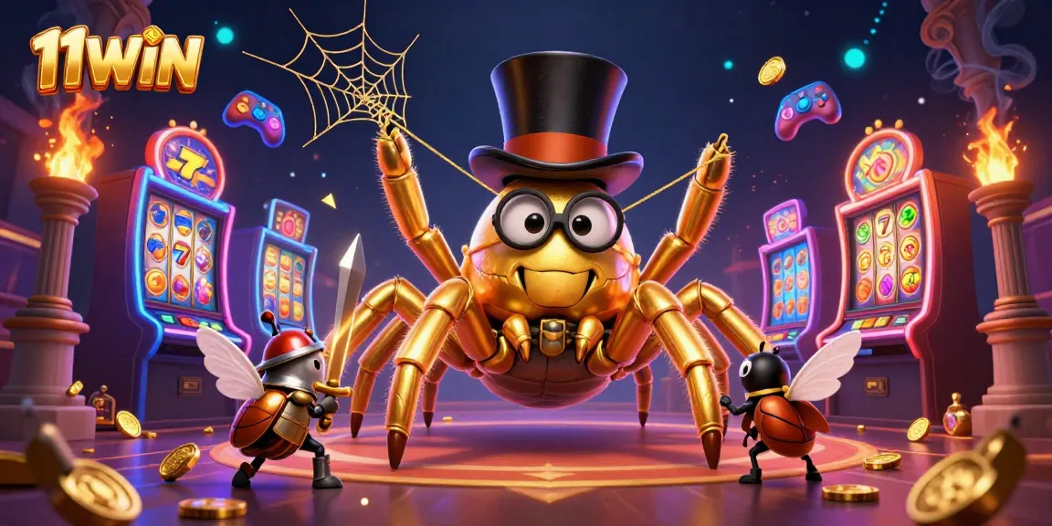 Engage with thrilling casino action featuring the 11WIN brand alongside vibrant slot machines and enchanting characters.