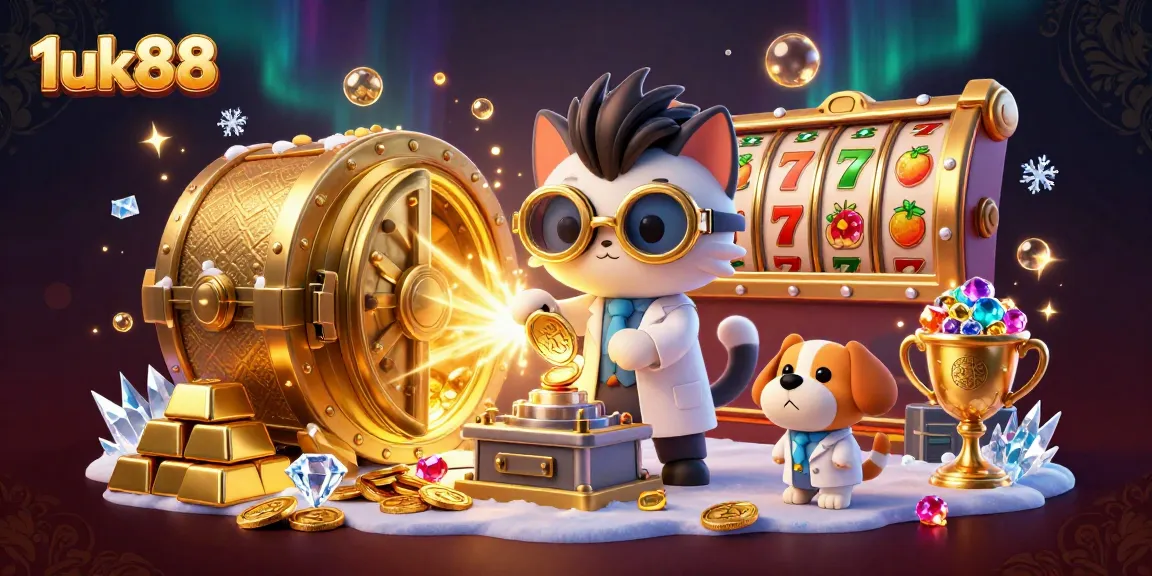 Experience thrilling gameplay with 1uk88 as the mad scientist cat creates a gold-coin machine amidst dazzling riches.