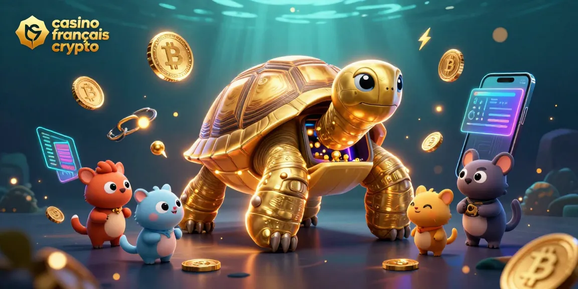 Jouer au casino français crypto avec une tortue en machine à pinball illuminée, entourée de pièces de crypto.