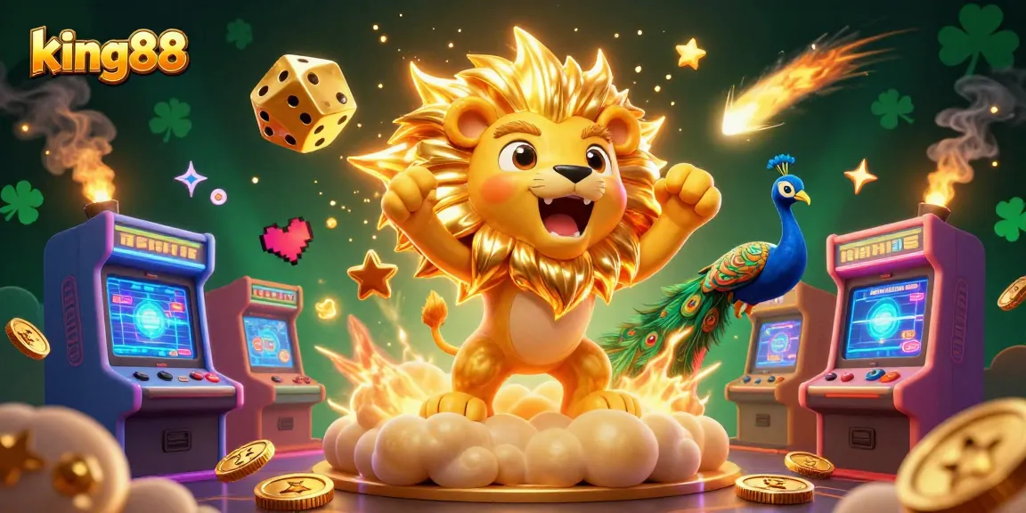 Join the thrill of king88 as the lion roars amidst vibrant casino games and golden dice!