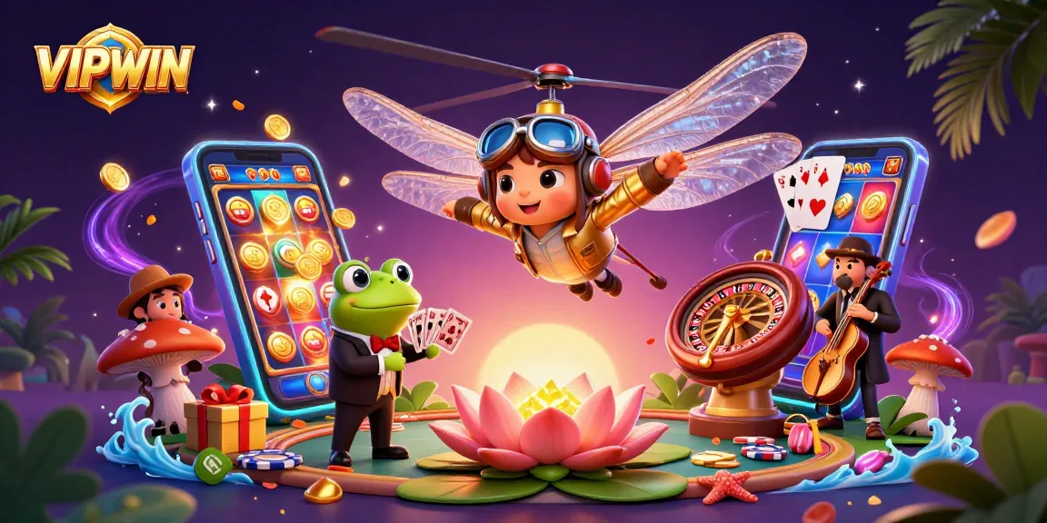 Experience VIPWIN with a vibrant casino scene featuring unique characters, dynamic game elements, and festive atmosphere.