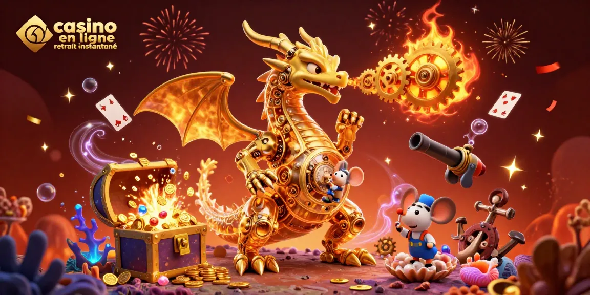 Jouer au casino en ligne retrait instantané avec un dragon mécanique doré et des cartes à jouer flottantes.