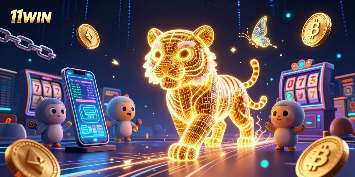 Experience the thrill of 11WIN in this dynamic, vibrant casino scene filled with crypto elements.