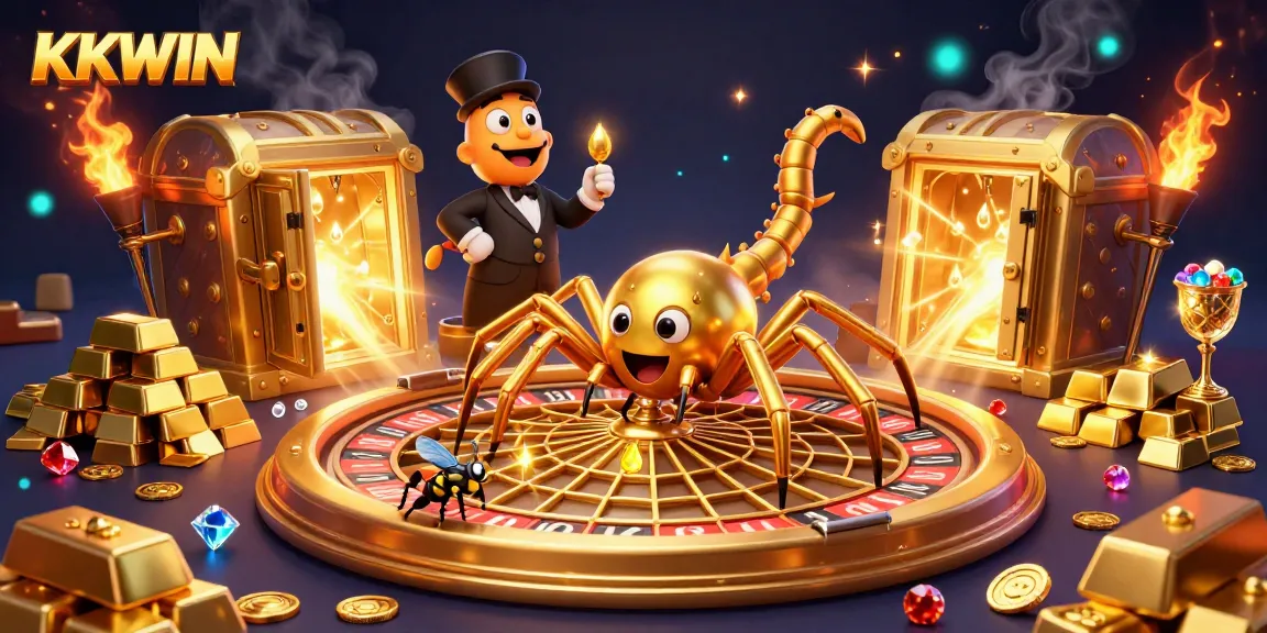 KKWIN showcases excitement as a golden spider spins a roulette web while elements of wealth surround them.