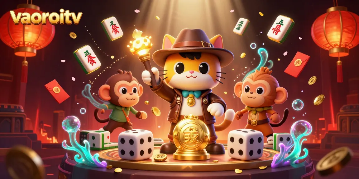 vaoroitv showcases a cat explorer uncovering golden gambling artifacts amid vibrant colorful elements.