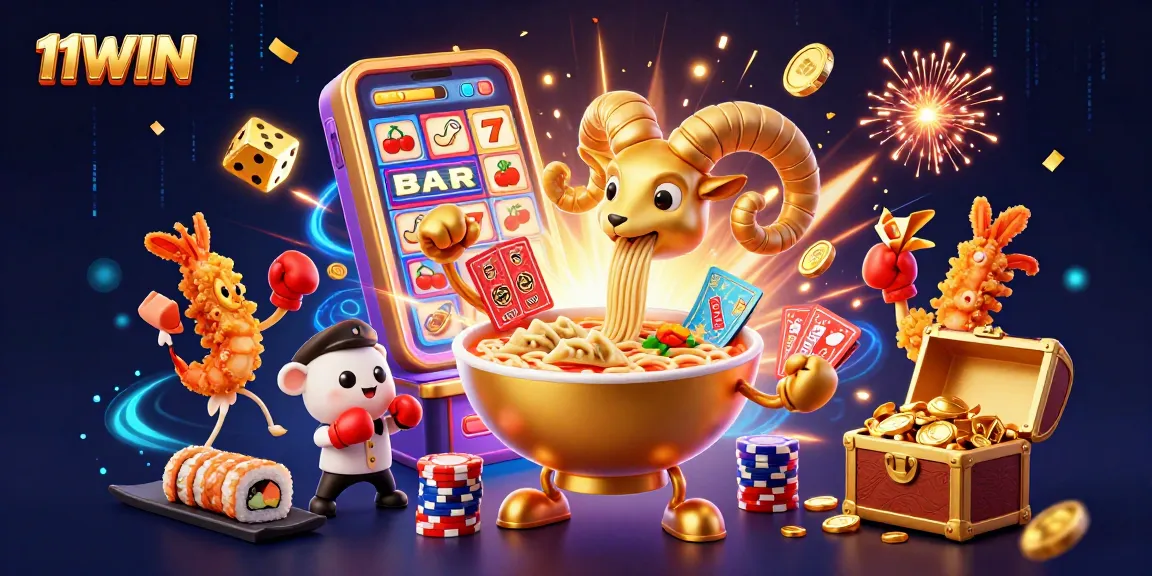 Experience excitement at 11WIN with a vibrant casino-themed illustration featuring animated characters and winnings.