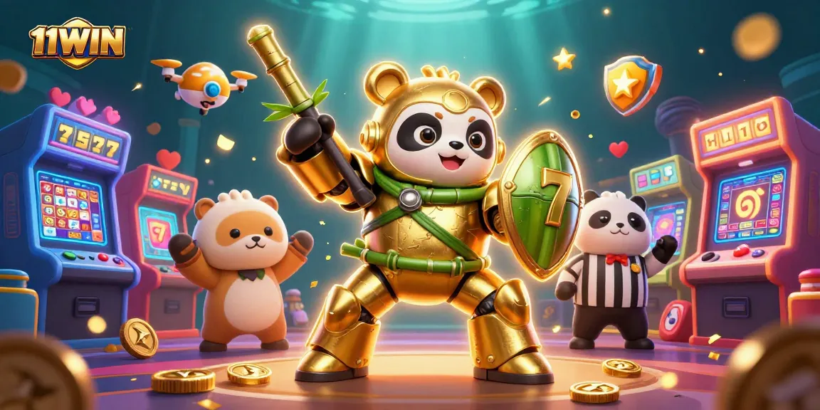 Experience thrilling gameplay with 11WIN, featuring a dynamic mech-suit panda and exciting slot elements.